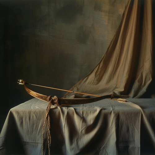 Bow and arrow on table