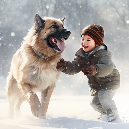 Boy and Australian Shepherd Snowball Fight