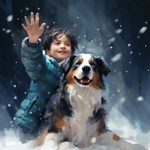 Boy and Australian Shepherd Waving Goodbye with Snowflakes