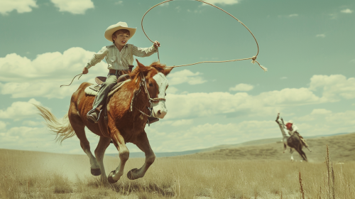 Boy riding horse throwing lasso