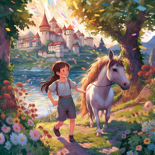 Two Kids Playing with Unicorn in Beautiful Meadow