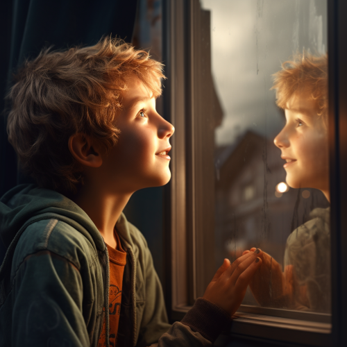 Boy looking in window reflection