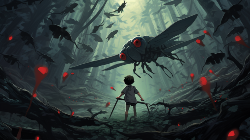 Illustration of a little boy riding a giant bug in a gloomy forest