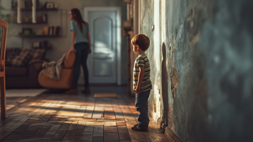 Small boy growing against wall at home