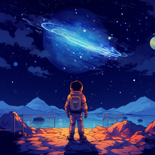 Pixel Art of Boy Traveling Among Stars
