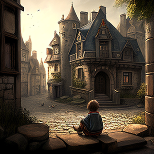 Boy sitting in front of castle