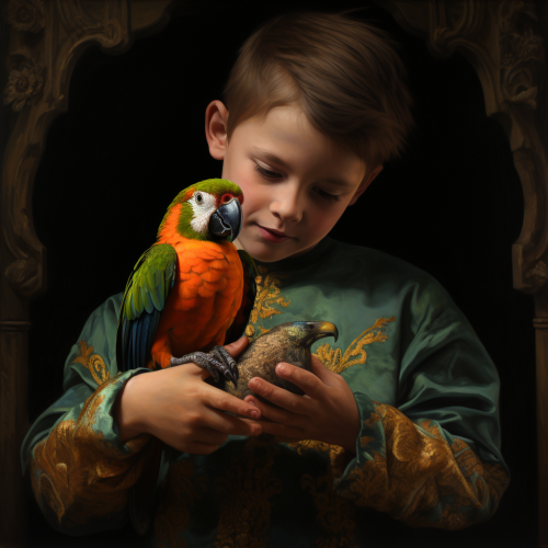 Boy feeding a colorful parrot