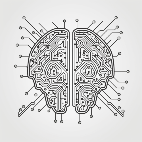 Black and white line illustration of AI brain outline with circuit board pattern