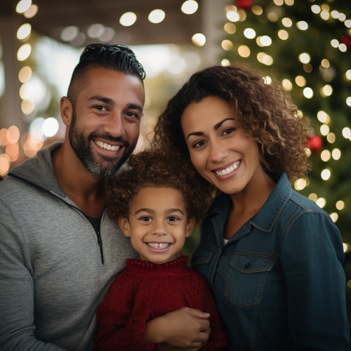 Brazilian family posing in front of Christmas trees Brazilian family posing in front of Christmas trees