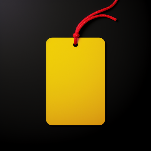 Bright yellow tag with red string on black background