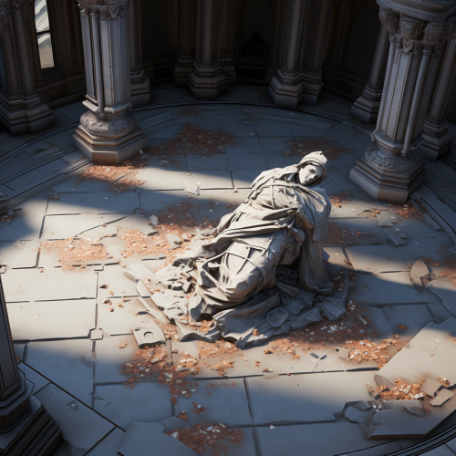 Broken marble statue on dungeon floor