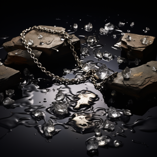 Broken silver necklace on dark surface