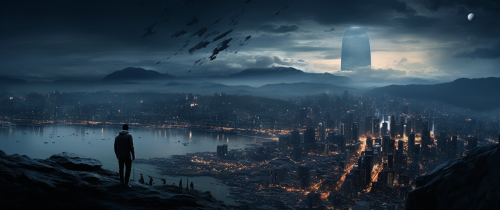 Lonely figure gazing at stormy cityscape Lonely figure gazing at stormy cityscape