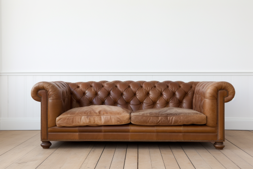 Brown leather couch against white wall