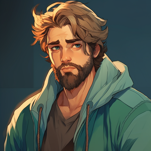 Caucasian male with a brown man bun, medium length beard, and green eyes