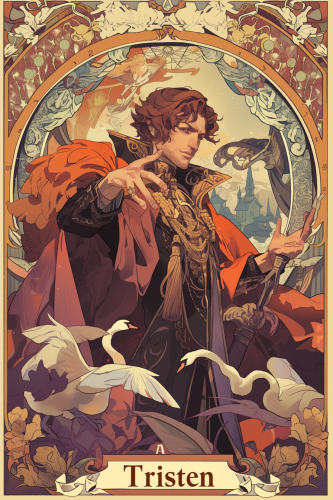 Brown noble male Timothe Chalamete in Alphonse Mucha style