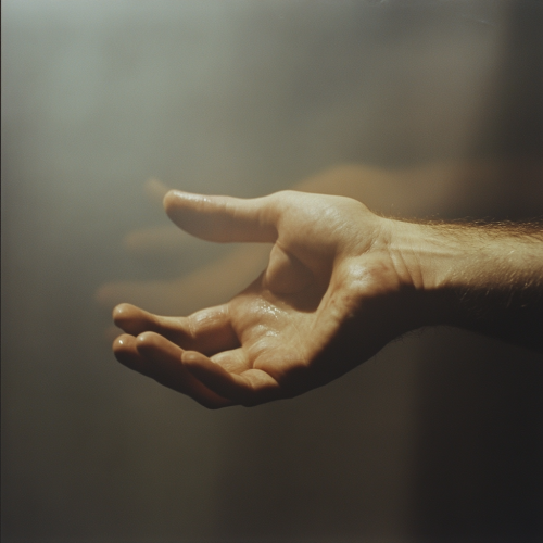 bruised hands in void, limp fingers, soft lighting