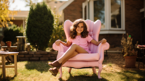 Daughter sitting in pink chair waiving at camera