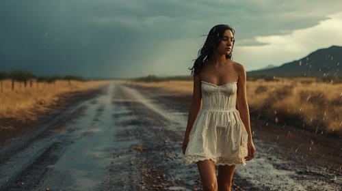 Brunette Latina woman in a white dress enjoying the rain