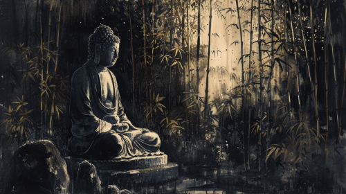 Stone Buddha Bamboo Forest Dim Light Ink Wash