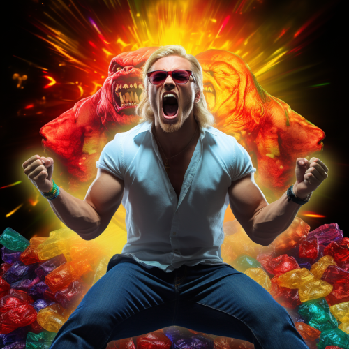 Angry blonde guy yelling at gummy bears