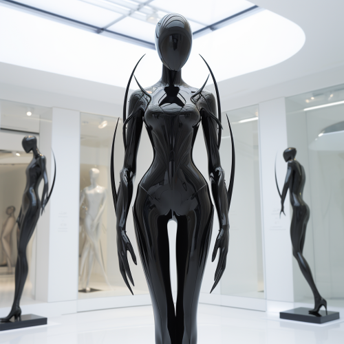 Female mannequin in bug-like suit posing in studio