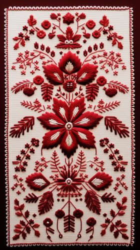 Intricate red and white Bulgarian embroidery motif