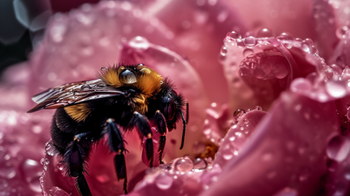 Bumblebee on Rose Petal in Rain