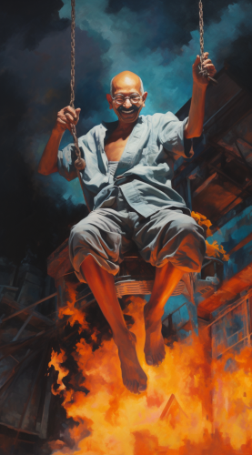 Man bungee jumping with fire