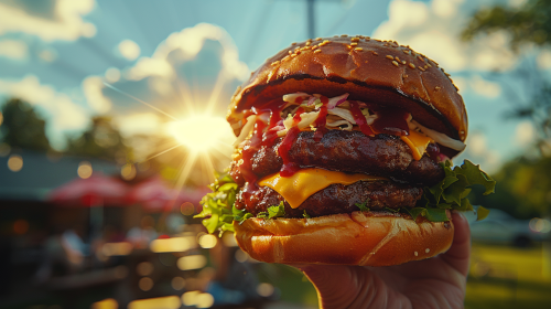 Burger with colorful sleeve in hand