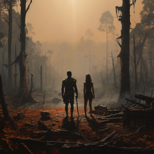 Burned forest with Zulu warriors