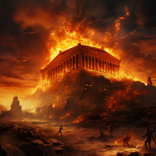 Massive angry gods above burning Arthemis Temple Massive angry gods above burning Arthemis Temple