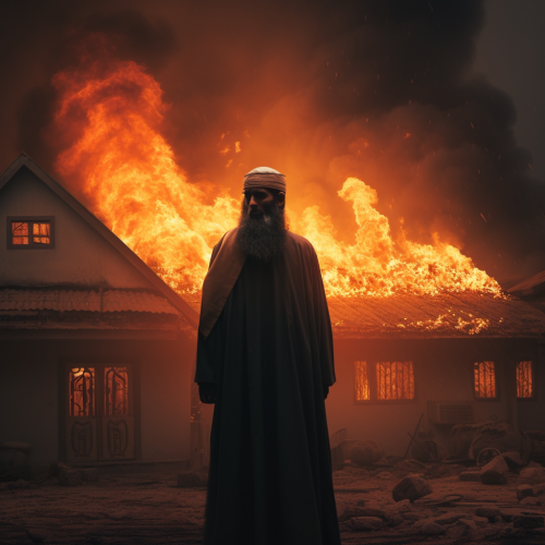 Islamic man in front of burning house