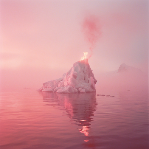 Iceberg on fire in pink lake
