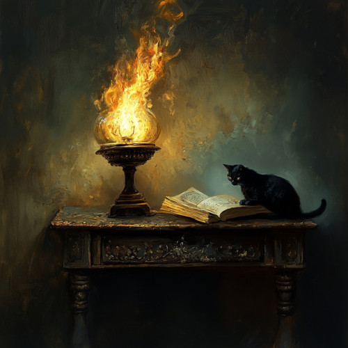 Oil painting of burning lamp and open book