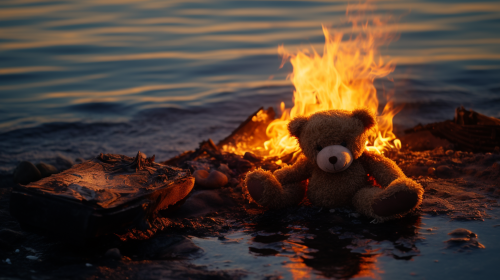 Burning Viking ship with dead teddy bear
