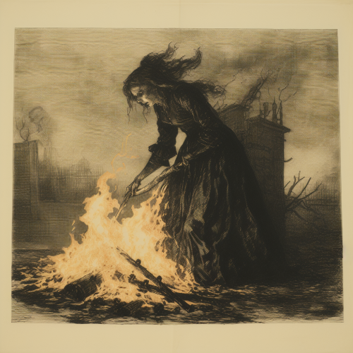 Witch etching in burning flames