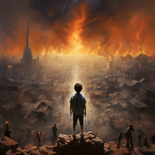 Young boy standing above burning city chaos