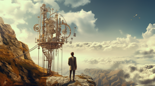 Person in business suit listening on mountain Person in business suit listening on mountain