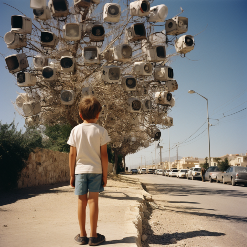10-year-old boy walks on busy road with CCTV cameras