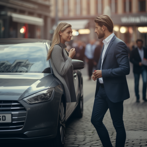 Helpful businesswoman guiding younger businessman across busy street