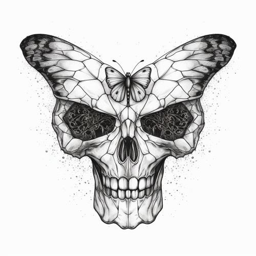 butterfly surrealistic drawing with skull in black and white