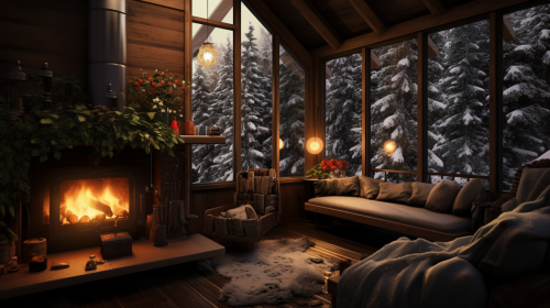 Cozy cabin in woods with snow and fireplace Cozy cabin in woods with snow and fireplace