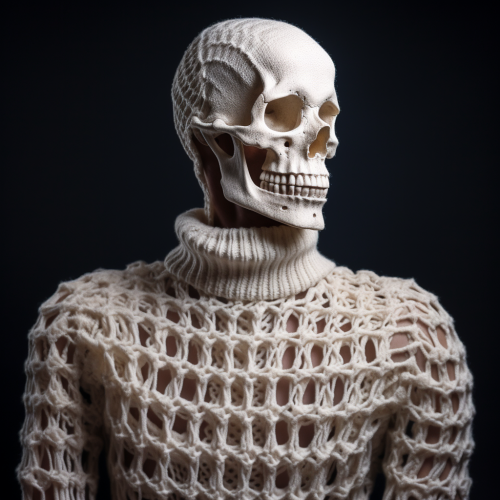 Human skeleton wearing cable knit sweater
