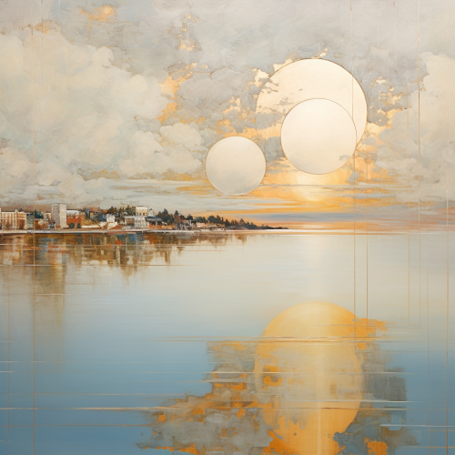 Tranquil ocean sunrise with buildings