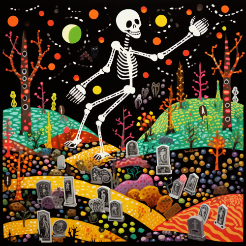 Frankenstein's monster digging a grave in a spooky graveyard