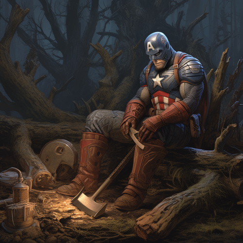 Captain America chopping wood with axe, Groot sleeping Captain America chopping wood with axe, Groot sleeping