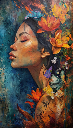 Beautiful woman with symbolic artwork