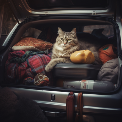 Cat in Car Trunk with Boxes