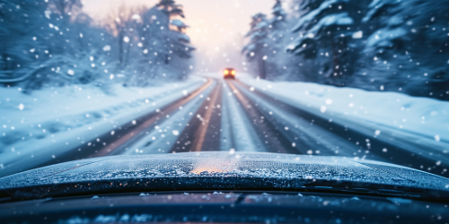 Winter car front windshield exterior view